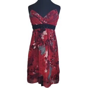 VTG Y2K Red Floral Party Dress Beaded Waist Retro Goth Fairycore 8 Romantic